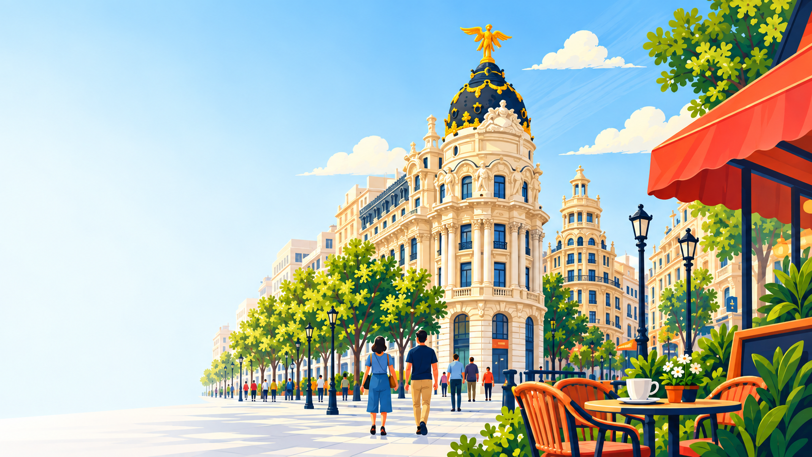 A sunny view of Gran Vía and a café in Madrid